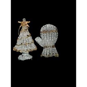 Vintage Delicate Glass with Gold Accent Christmas Ornament Set Tree and Mitten